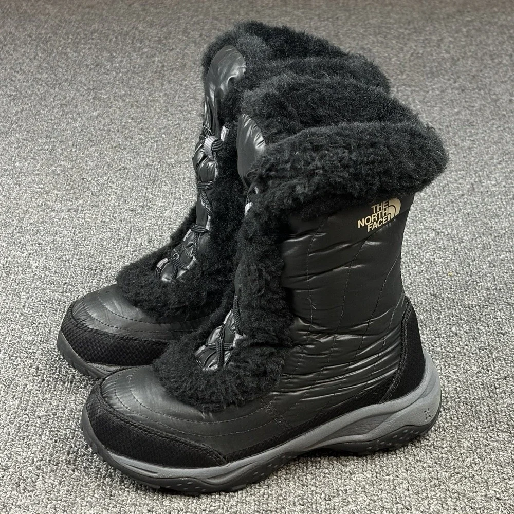 The North Face Nuptse Fur Winter Snow Boots Black Girls Youth Size 2 Insulated